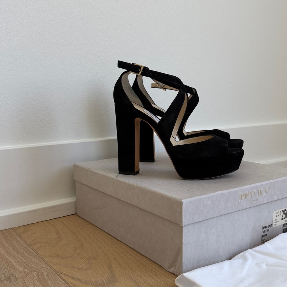 Jimmy Choo Black Suede Platform Heels 7.5 - Picture 3 of 12